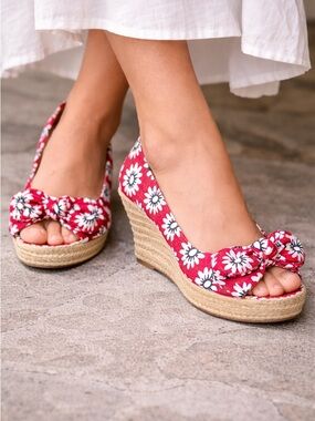 Tory Burch Dory Espadrille Wedge Red Floral Peep Toe Bow 6.5